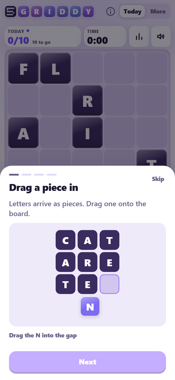 The first-run tutorial: a three by three grid with a gap, and an N piece to drag into it