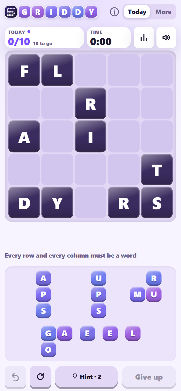 Today's 5 by 5 board with its starting letters, the tray of pieces below, and the Hint button showing two hints left