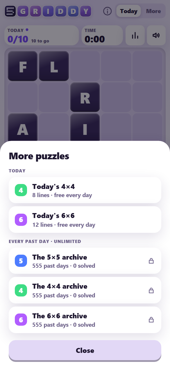 The More puzzles sheet: today's 4 by 4 and 6 by 6, free every day, and the locked archives of 555 past days at each size