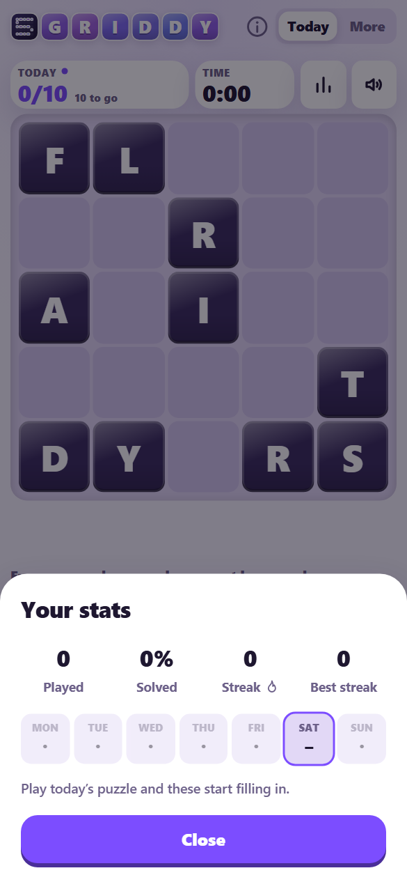 The stats sheet on a fresh install: played, solved, streak and best streak, and the week at a glance